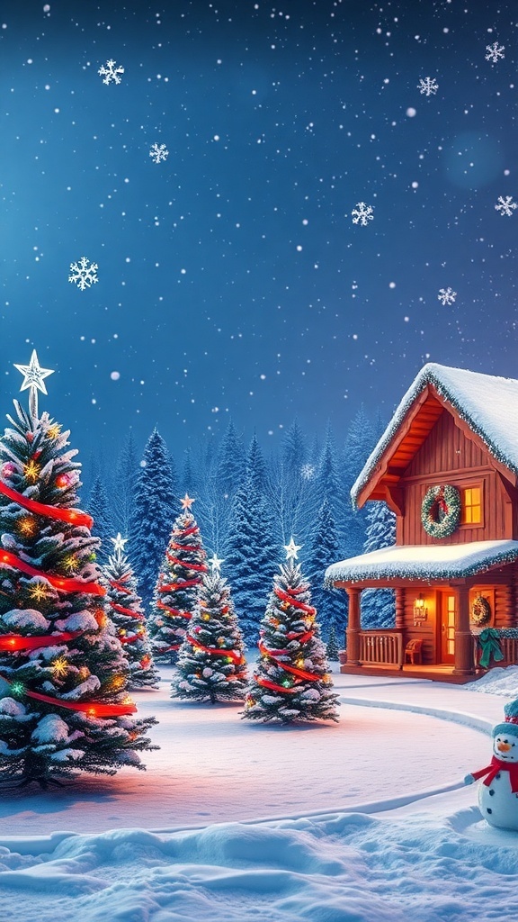A beautiful 4K Christmas background with snowy landscape, Christmas trees, and twinkling lights.